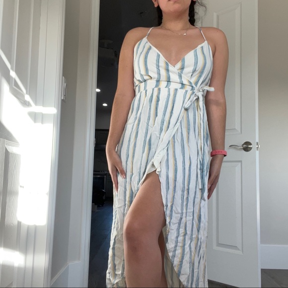 🛍 3/$10 White striped blue and yellow midi sun dress vacation dress - Picture 2 of 5